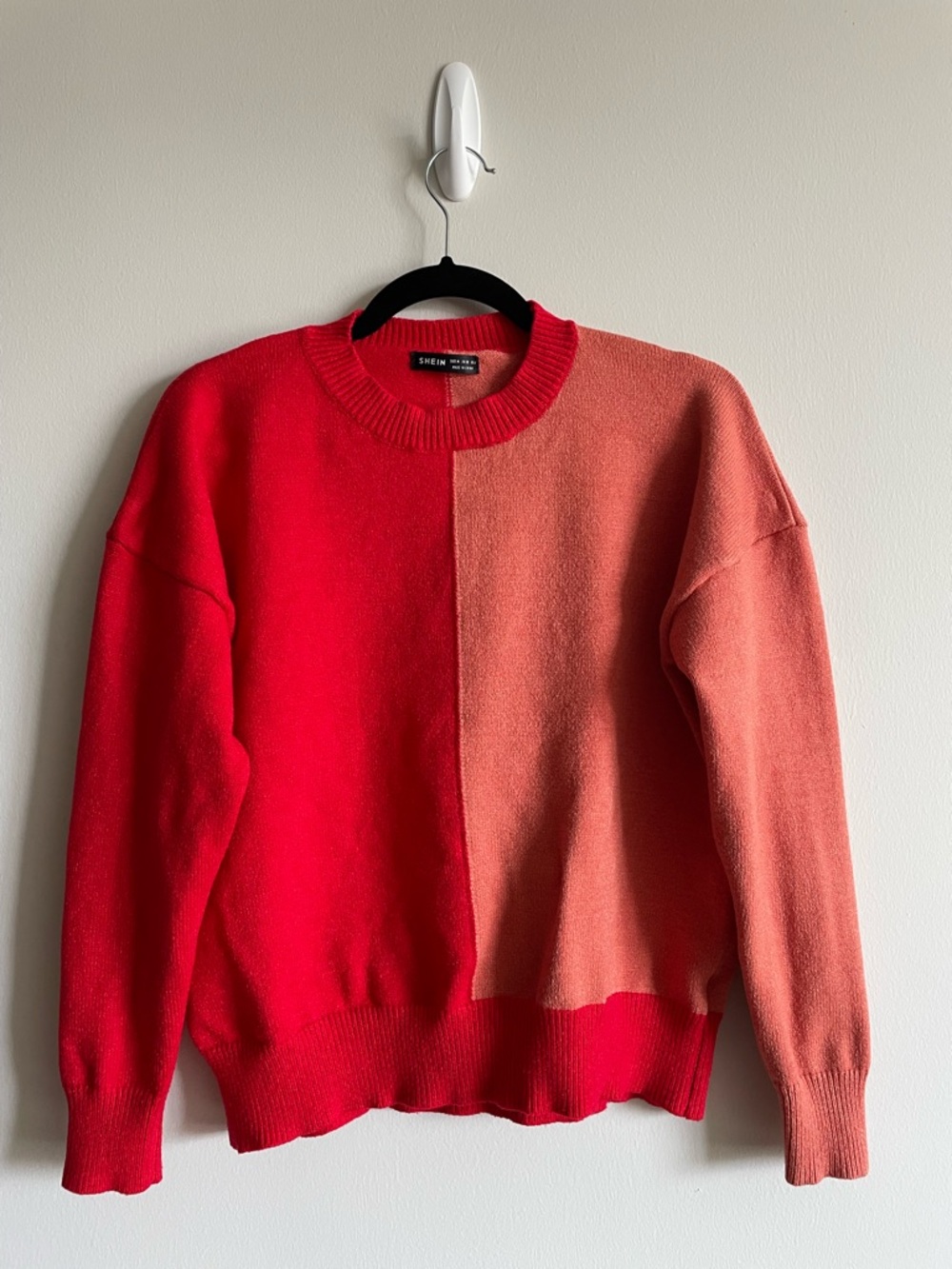 Bold color block split half and half crew neck drop shoulder sweater streetwear